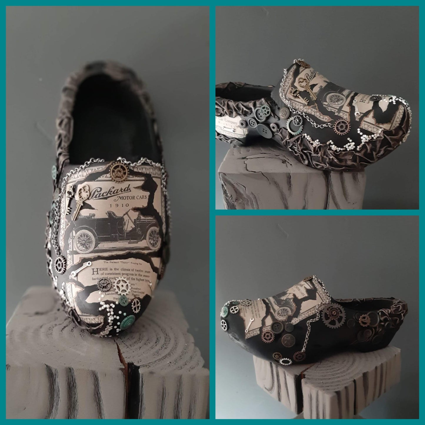 Unieke handgemaakte klomp met steampunk design